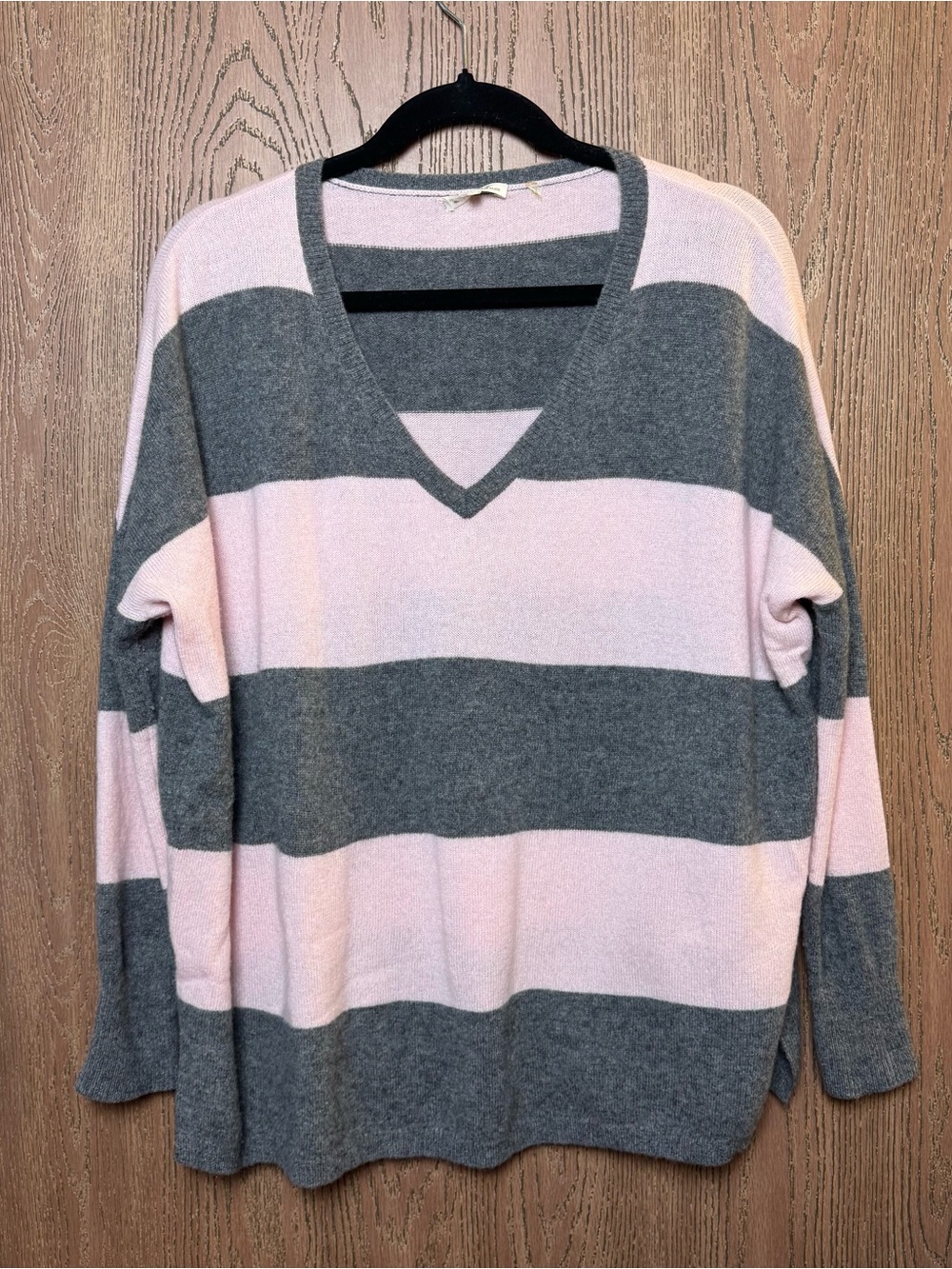 Minnie Rose Oversized Striped V-Neck Sweater in Pink and Gray